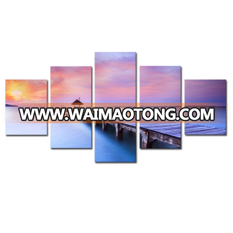 5 Panels Sunny Blue Seascape Wooden Bridge on Sea Canvas Print Wall Art